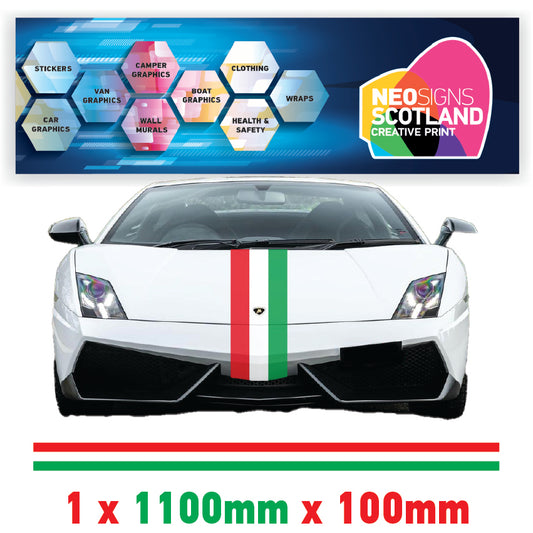 IT1.1 Italian Racing Bonnet stripe 1.1m (1100mm) Long laminated for Ferrari Fiat Alfa Romeo Mini sticker graphics various widths available