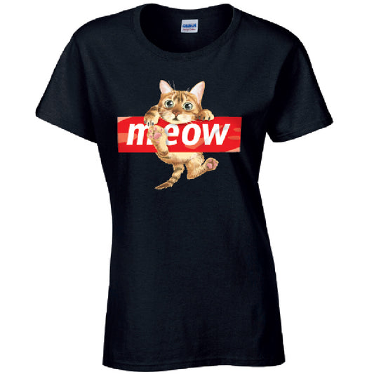 Meow Cat Ladies Cotton T-Shirt Available in Black Grey and White LT10
