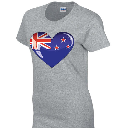 New Zealand Heart Ladies Cotton T-Shirt Available in Black Grey and White LT11