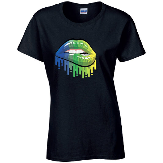 Blue and Green Lips Ladies Cotton T-Shirt Available in Black Grey and White LT14