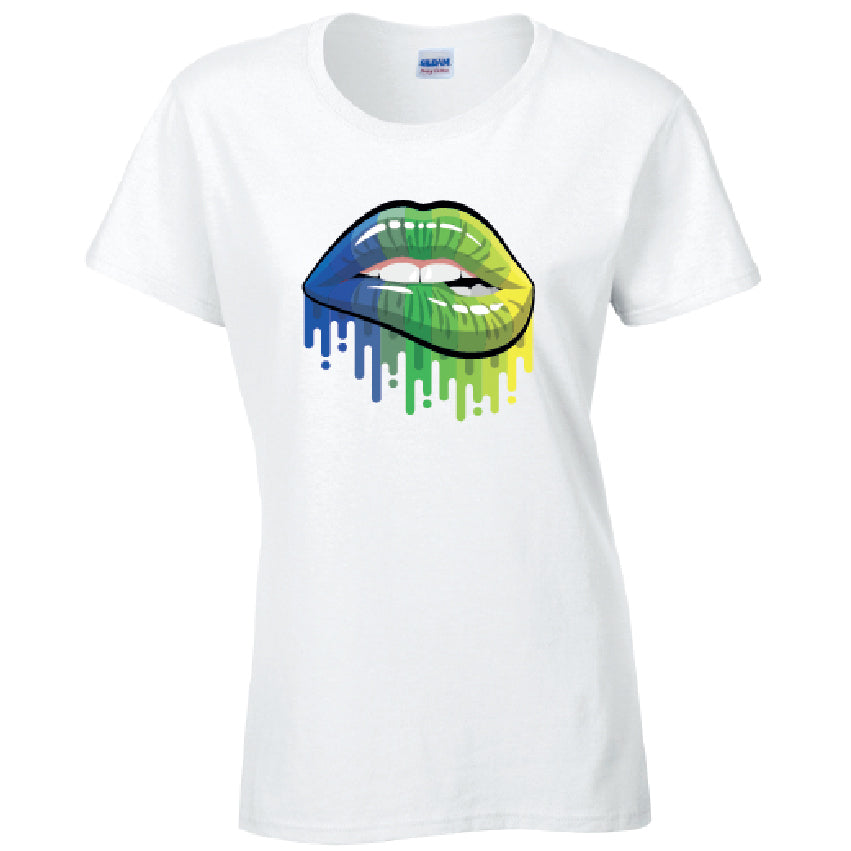 Blue and Green Lips Ladies Cotton T-Shirt Available in Black Grey and White LT14