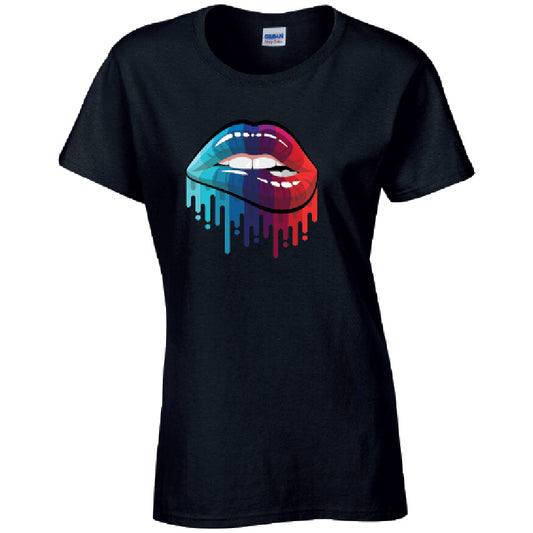 Blue and Red Lips Ladies Cotton T-Shirt Available in Black Grey and White LT15