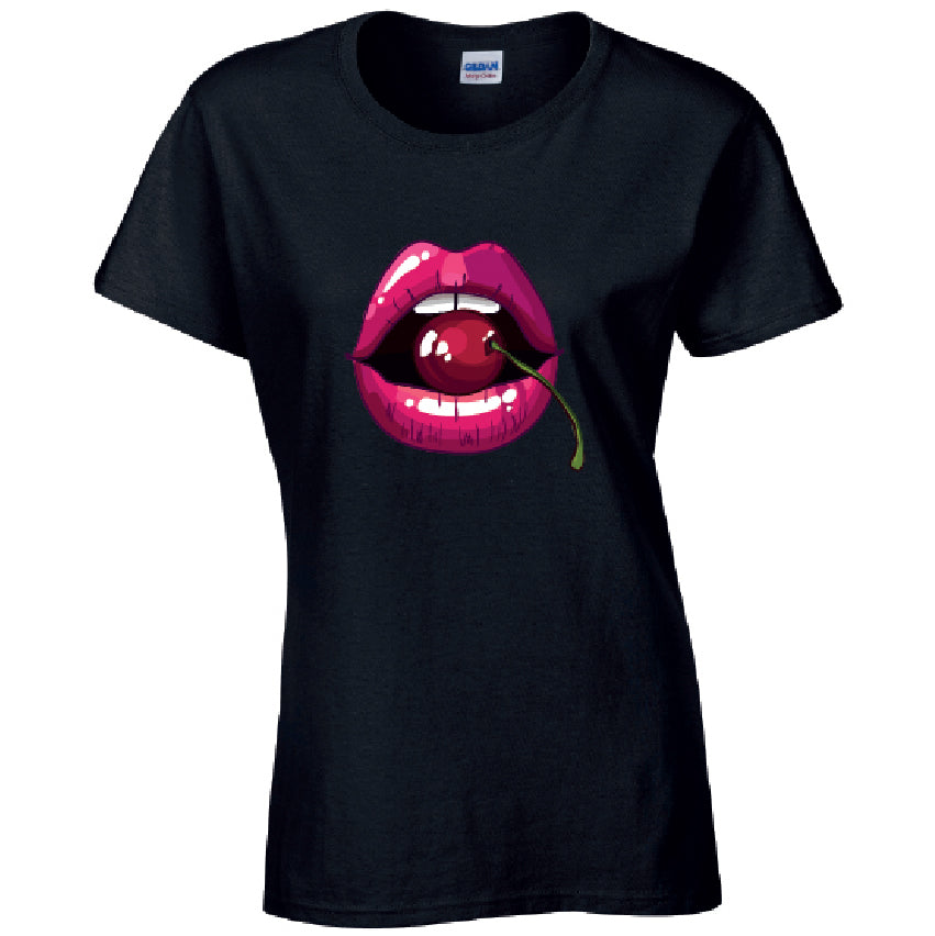 Cherry Lips Ladies Cotton T-Shirt Available in Black Grey and White LT16