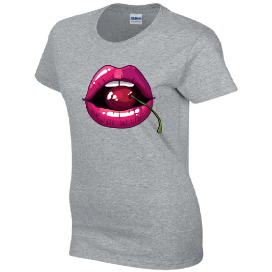 Cherry Lips Ladies Cotton T-Shirt Available in Black Grey and White LT16