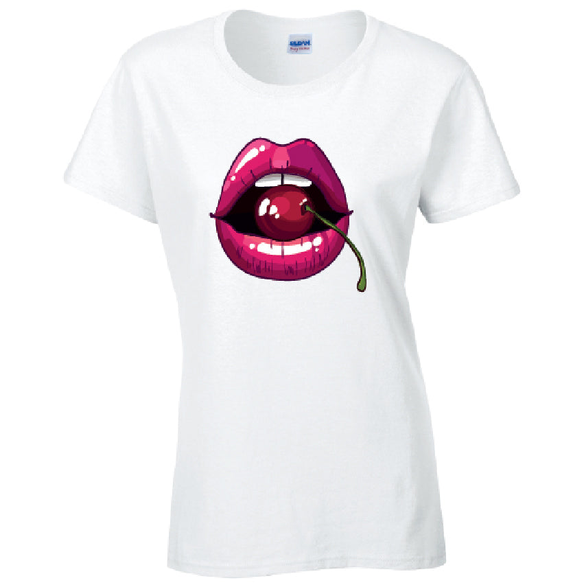 Cherry Lips Ladies Cotton T-Shirt Available in Black Grey and White LT16