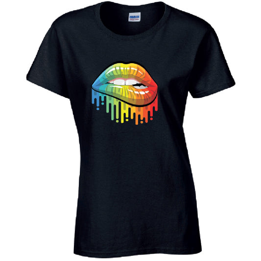 Rainbow Lips Ladies Cotton T-Shirt Available in Black Grey and White LT21