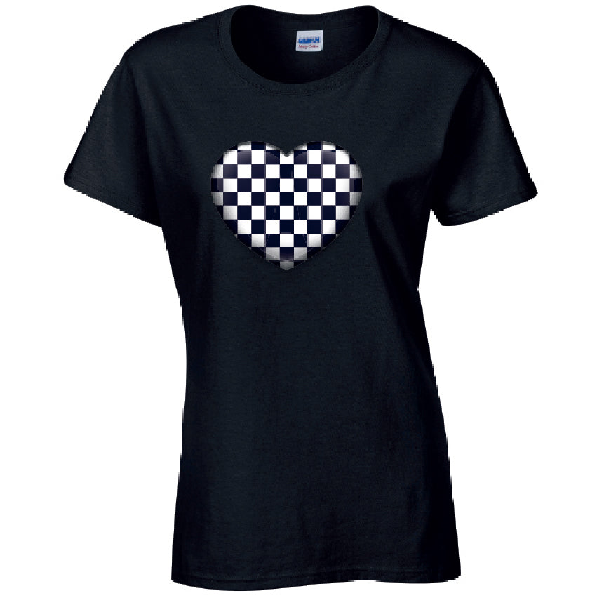 Black Chequered Heart Ladies Cotton T-Shirt Available in Black Grey and White LT23
