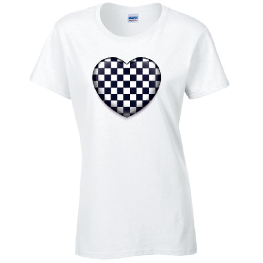 Black Chequered Heart Ladies Cotton T-Shirt Available in Black Grey and White LT23