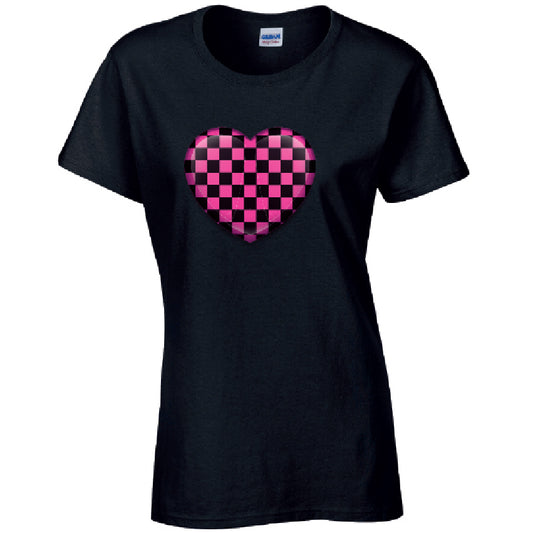 Pink Chequered Heart Ladies Cotton T-Shirt Available in Black Grey and White LT25