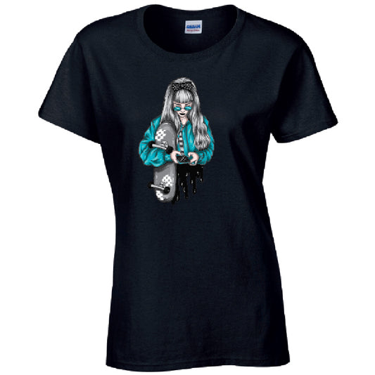 Blue Skater Girl Ladies Cotton T-Shirt Available in Black Grey and White LT31