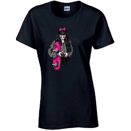 Pink Skater Girl Ladies Cotton T-Shirt Available in Black Grey and White LT37
