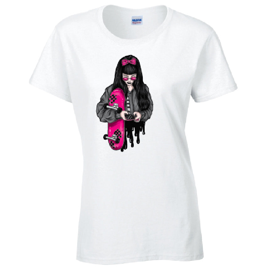 Pink Skater Girl Ladies Cotton T-Shirt Available in Black Grey and White LT37