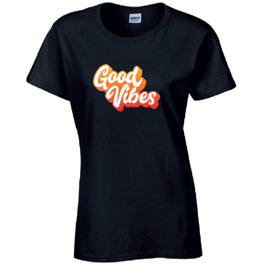 Good Vibes Ladies Cotton T-Shirt Available in Black Grey and White LT40