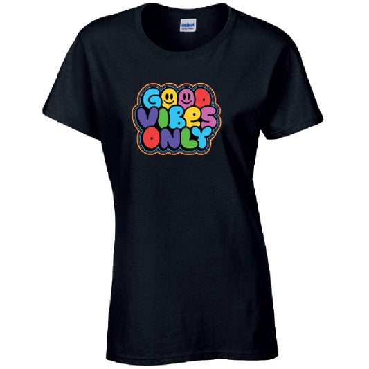 Good Vibes Ladies Cotton T-Shirt Available in Black Grey and White LT42