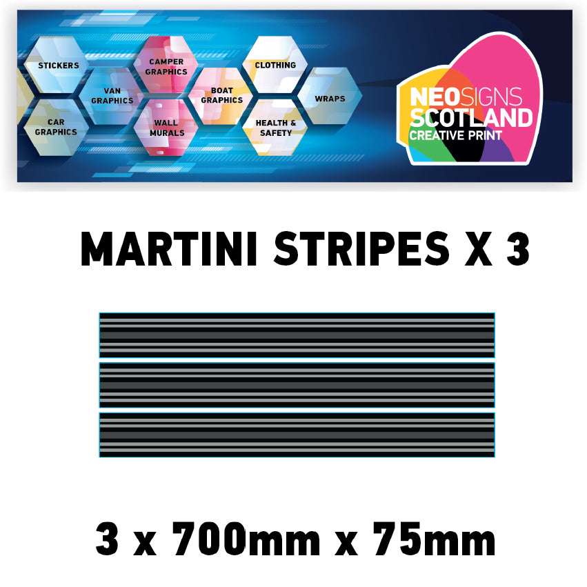 MC01 3 x 700mm x 75mm Martini Racing stripe Monochrome for Porsche