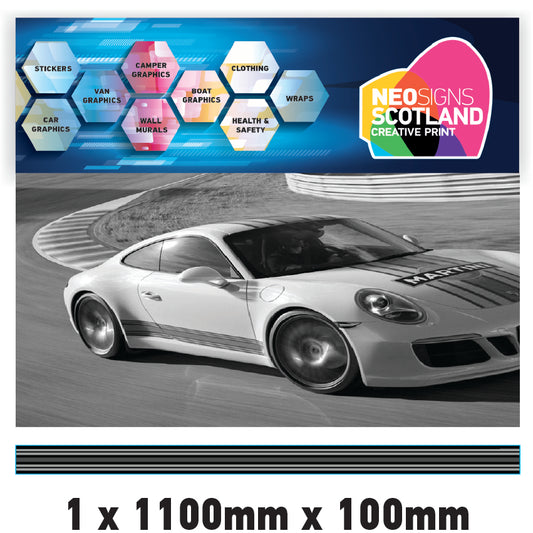 MC1.1 Martini Racing Monochrome Bonnet stripe 1.1m (1100mm) Long laminated for Porsche le mans sticker graphics various widths available