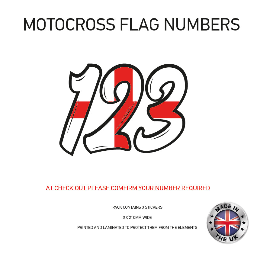 MFN02 3 x England Flag Race Number Vinyl Stickers Motorbike Motorcross Quad