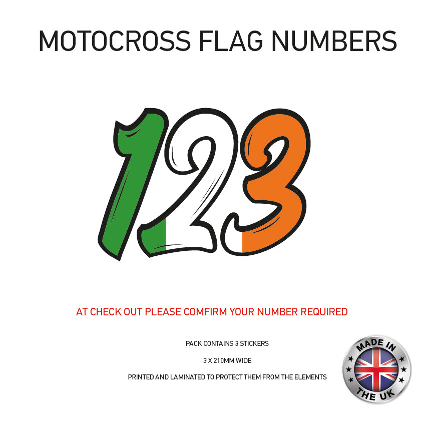 MFN03 3 x Ireland Flag Race Number Vinyl Stickers Motorbike Motorcross Quad