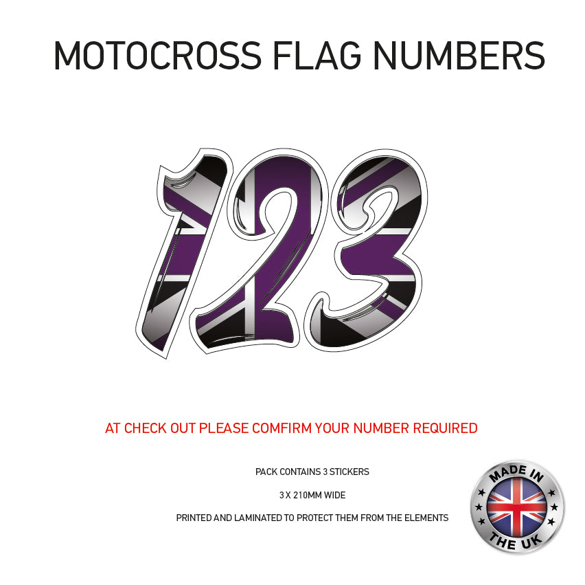 MFN05 3 x UK Purple Flag Race Number Vinyl Stickers Motorbike Motorcross Quad