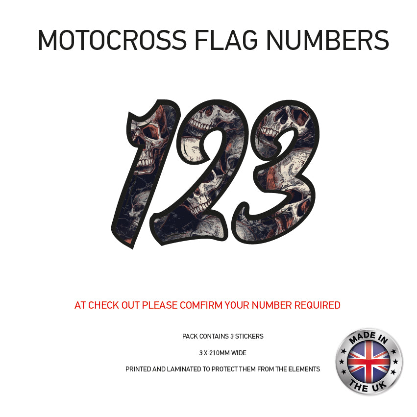 MFN07 3 x Skull Flag Race Number Vinyl Stickers Motorbike Motorcross Quad