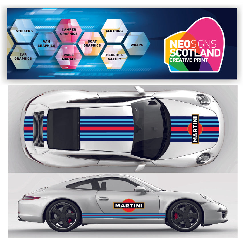 A graphic design of a Martini Racing Style blue logo applied on a white Porsche Le Mans car.