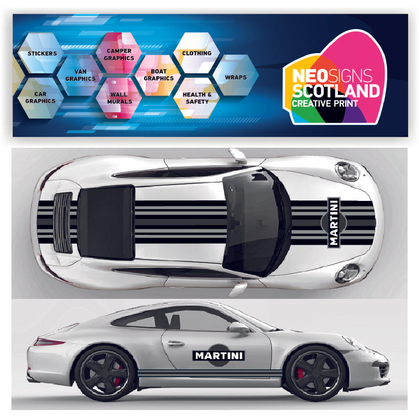 A graphic design of a Martini Racing Style monochrome stripes kit applied on a white Porsche Le Mans car.