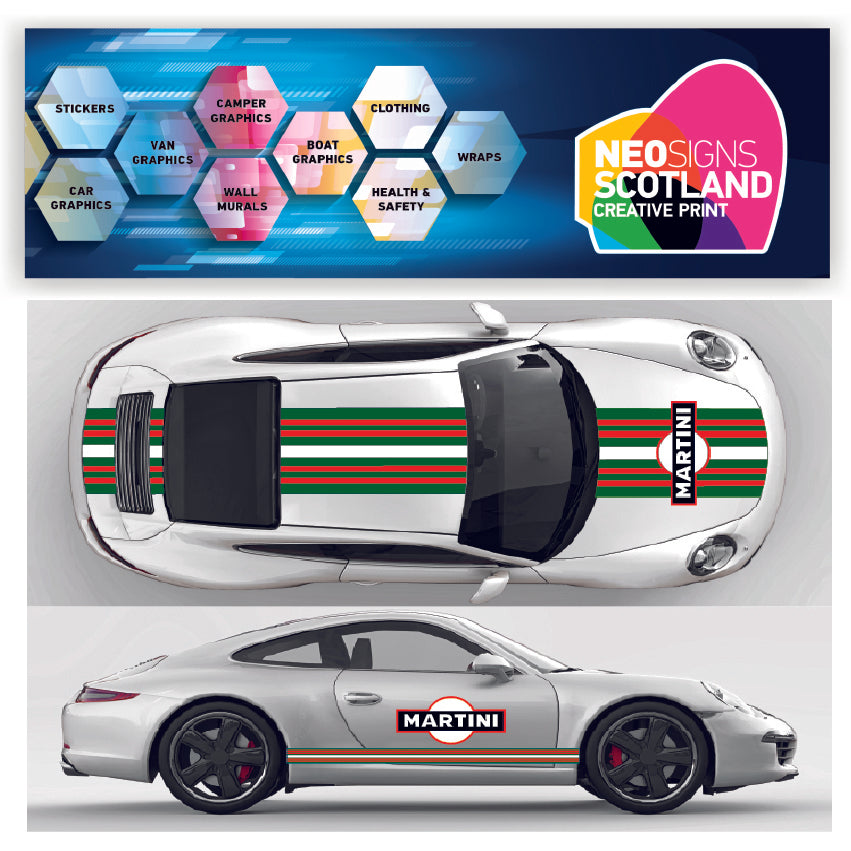 A graphic design of a Martini Racing Style italian style stripes kit applied on a white Porsche Le Mans car.