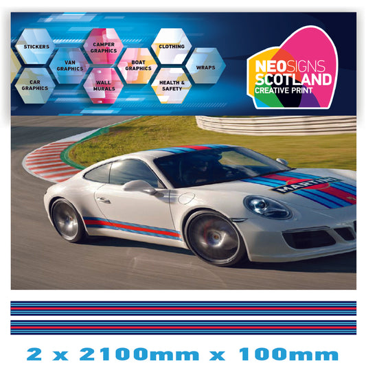 MR2.1 Martini Racing side stripes 2.1m (2100mm) Long laminated for Porsche le mans sticker graphics various widths available