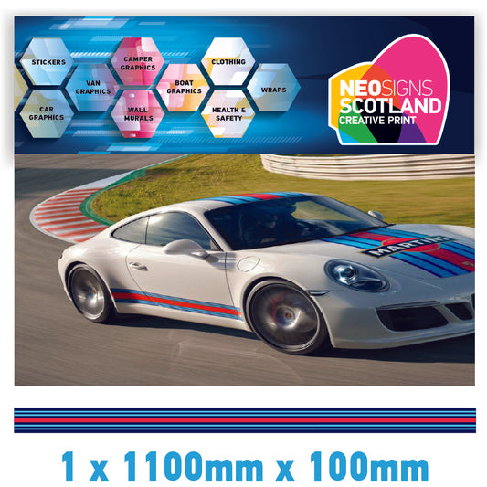 MR1.1 Martini Racing Bonnet stripe 1.1m (1100mm) Long laminated for Porsche le mans sticker graphics various widths available
