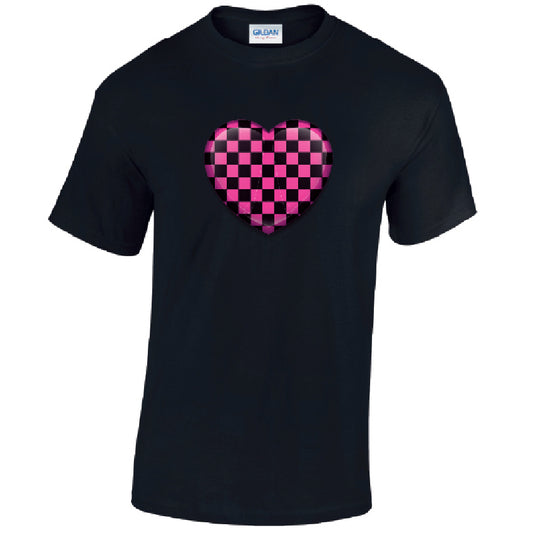 Pink Chequered Heart Mens Cotton T-Shirt 5 sizes 3 Colours Available Printed MT25