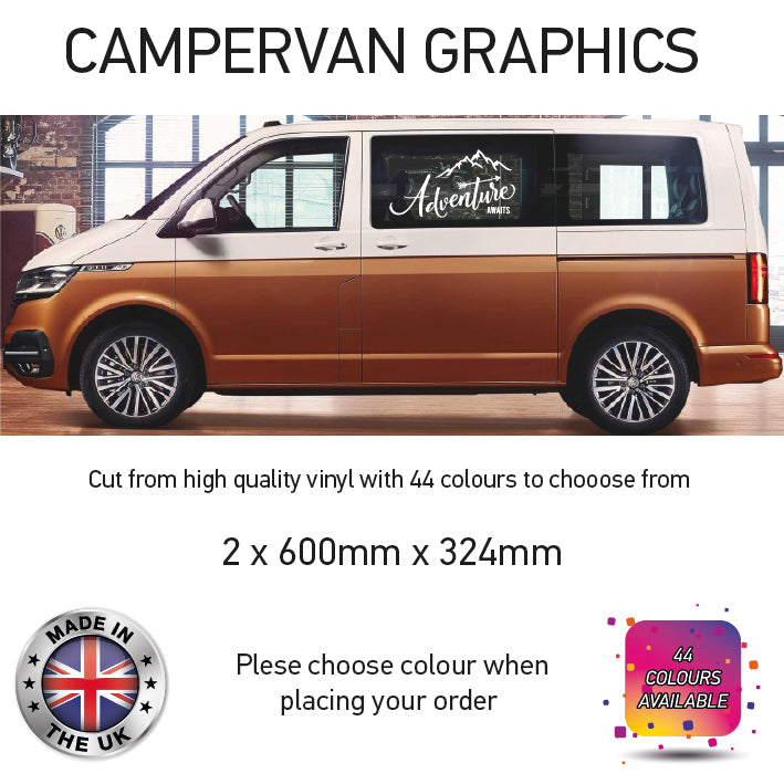 SCG01-SCG10 Adventure Awaits Graphics stickers fits all Motorhome and Campervans Various Designs Avilable