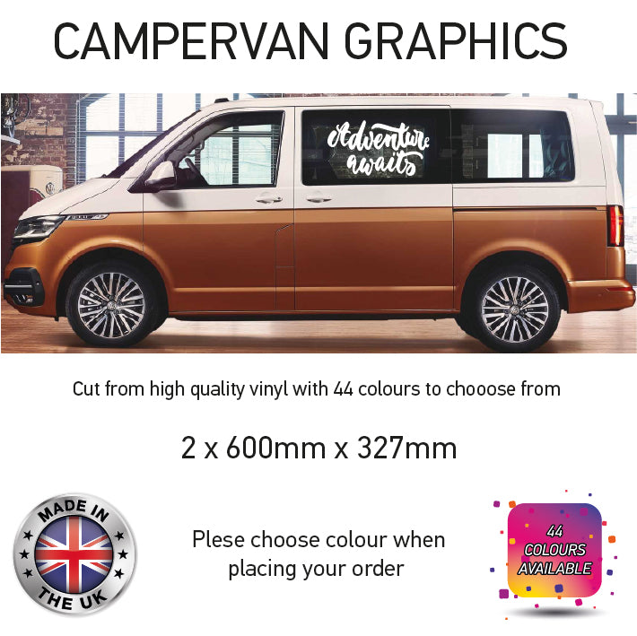 SCG01-SCG10 Adventure Awaits Graphics stickers fits all Motorhome and Campervans Various Designs Avilable