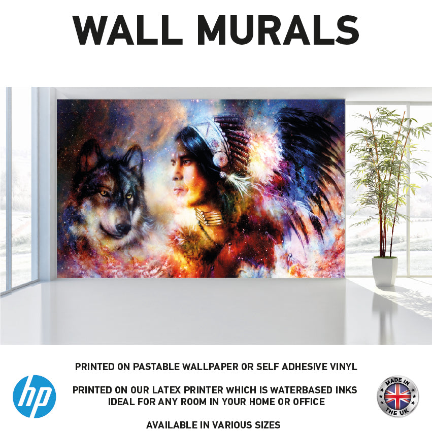WM0005 Indian with wolf Wall Murals WallPaper Print Decal Deco sticker