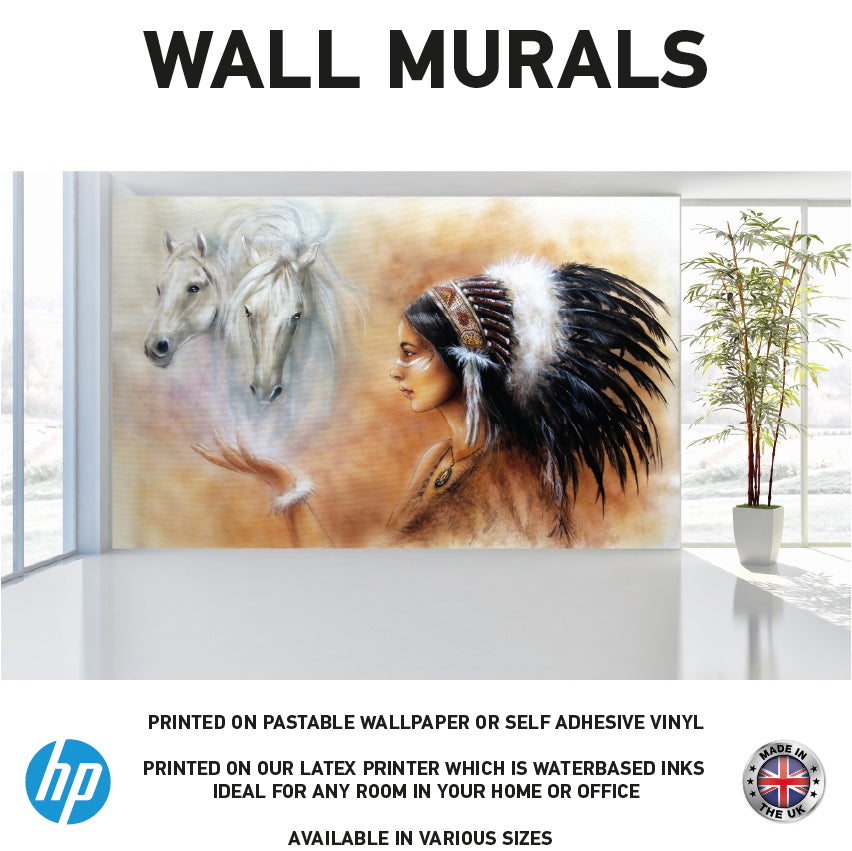 WM0008 Indian With Two Horses Wall Murals WallPaper Print Decal sticker