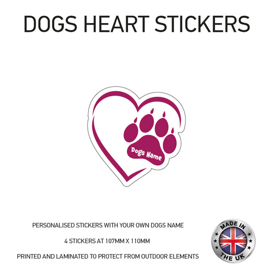 DHS02 4 x Personalised Heart Paw Dog Name Stickers 107mm x 110mm