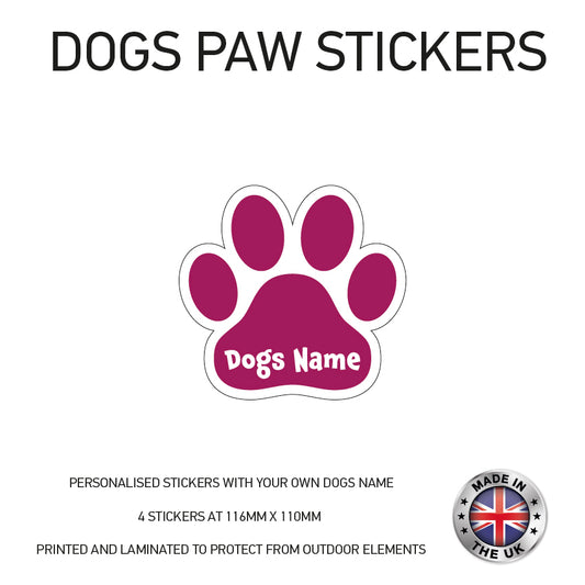 DPS01 4 x Personalised Paw Dog Name Stickers 116mm x 110mm