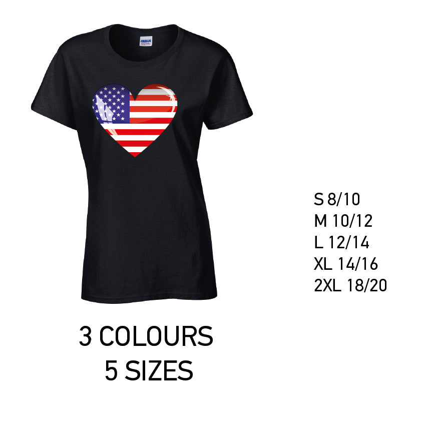 LT01 American Heart Ladies Cotton T-Shirt 5 sizes 3 Colours Available Latex printed
