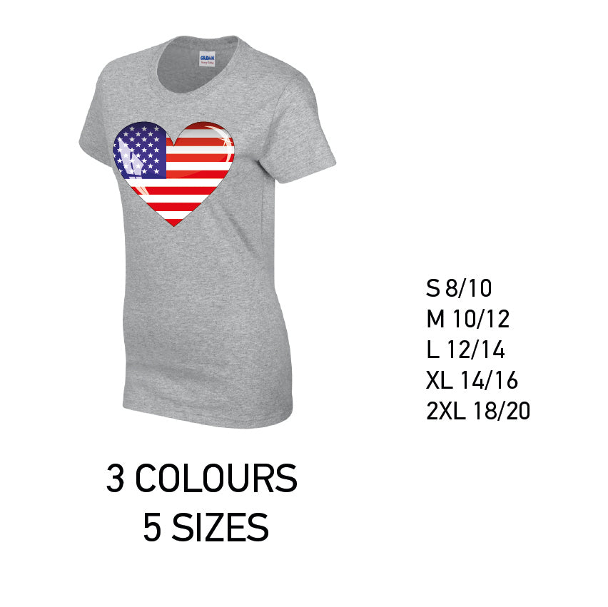 LT01 American Heart Ladies Cotton T-Shirt 5 sizes 3 Colours Available Latex printed