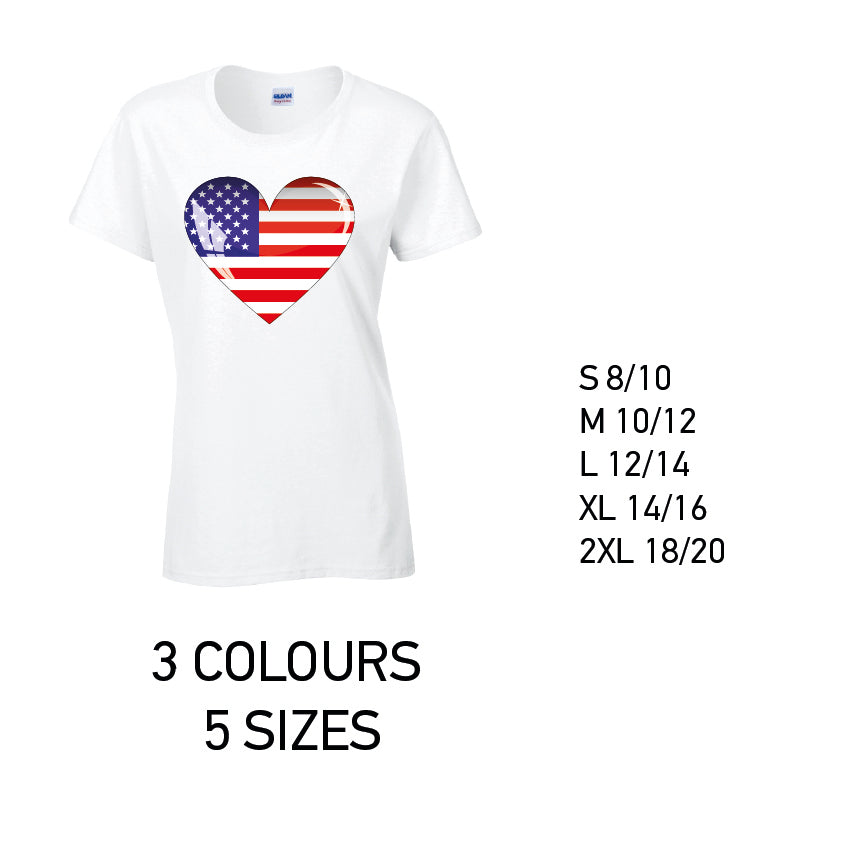 LT01 American Heart Ladies Cotton T-Shirt 5 sizes 3 Colours Available Latex printed