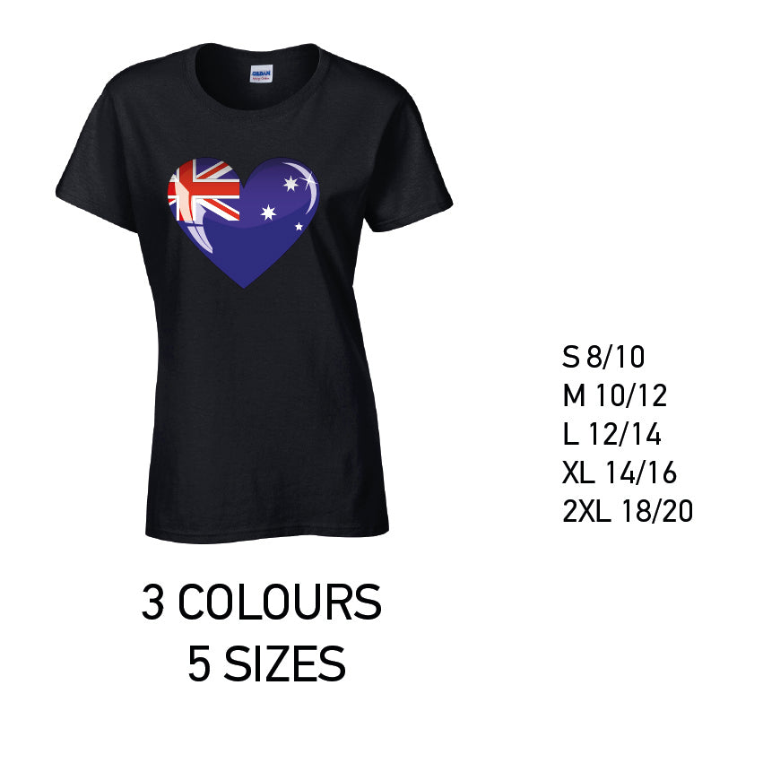 LT03 Australia Heart Ladies Cotton T-Shirt 5 sizes 3 Colours Available Latex printed