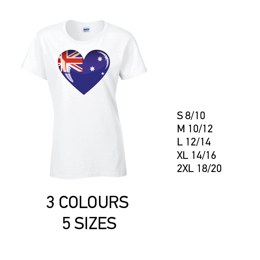 LT03 Australia Heart Ladies Cotton T-Shirt 5 sizes 3 Colours Available Latex printed