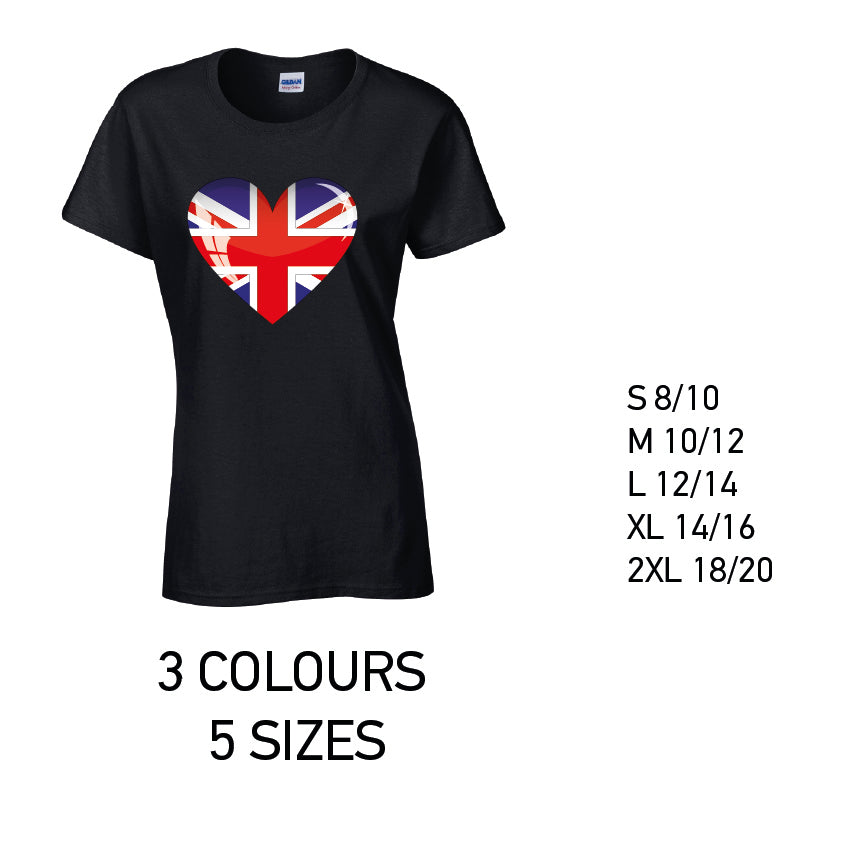 LT04 British Heart Ladies Cotton T-Shirt 5 sizes 3 Colours Available Latex printed