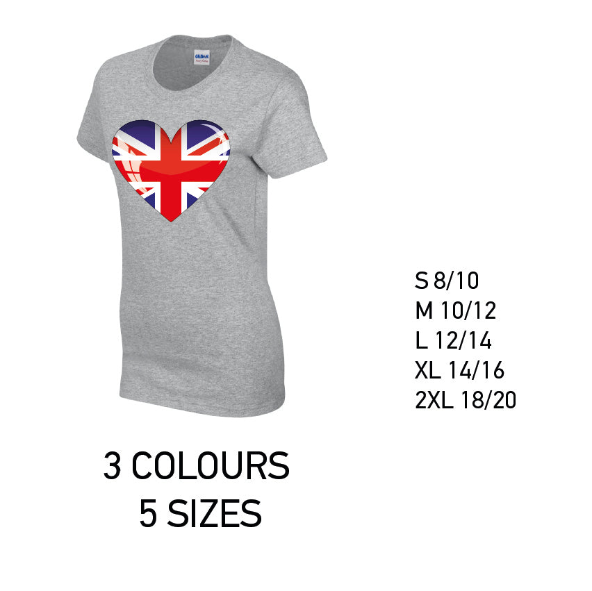 LT04 British Heart Ladies Cotton T-Shirt 5 sizes 3 Colours Available Latex printed