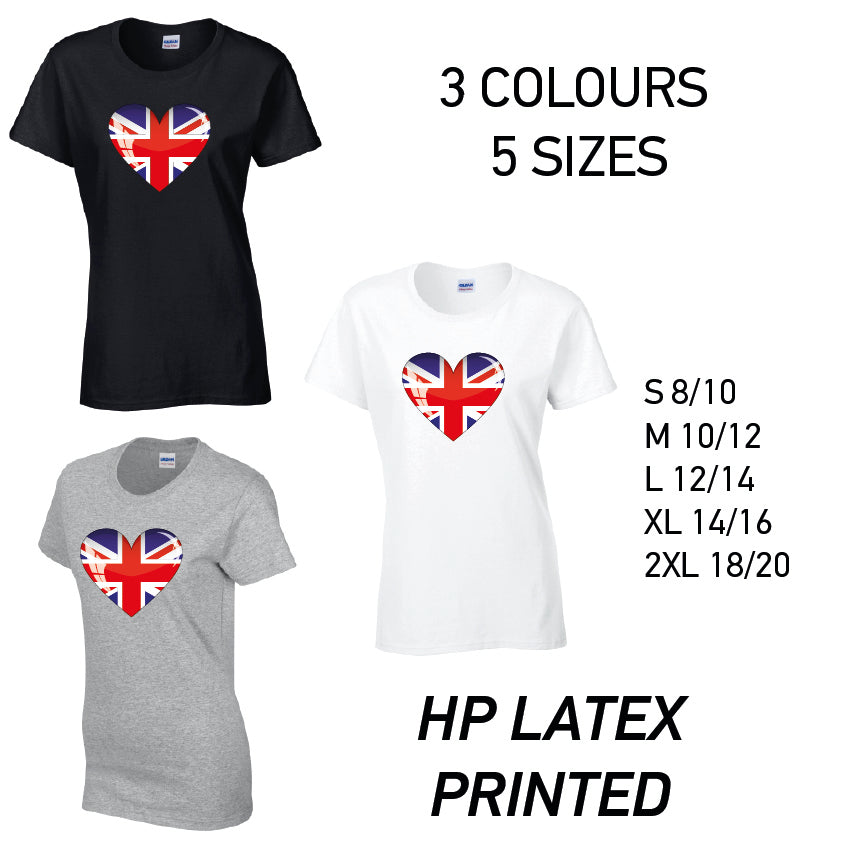 LT04 British Heart Ladies Cotton T-Shirt 5 sizes 3 Colours Available Latex printed