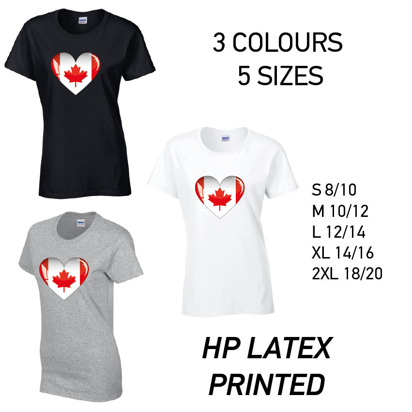 LT05 Canada Heart Ladies Cotton T-Shirt 5 sizes 3 Colours Available Latex printed
