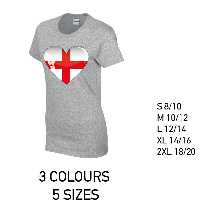 LT08 England Heart Ladies Cotton T-Shirt 5 sizes 3 Colours Available Latex printed