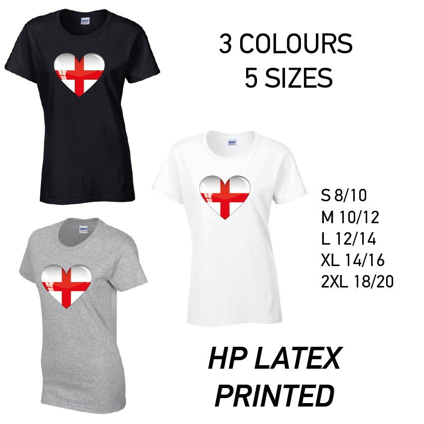 LT08 England Heart Ladies Cotton T-Shirt 5 sizes 3 Colours Available Latex printed