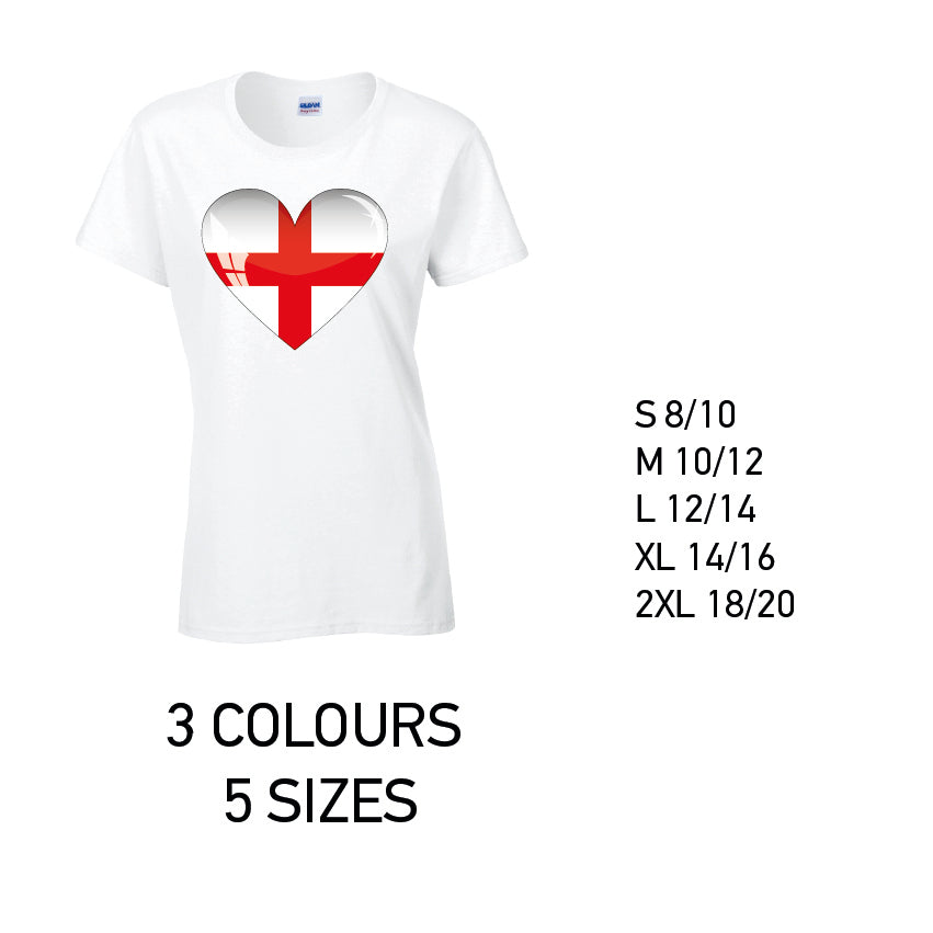 LT08 England Heart Ladies Cotton T-Shirt 5 sizes 3 Colours Available Latex printed