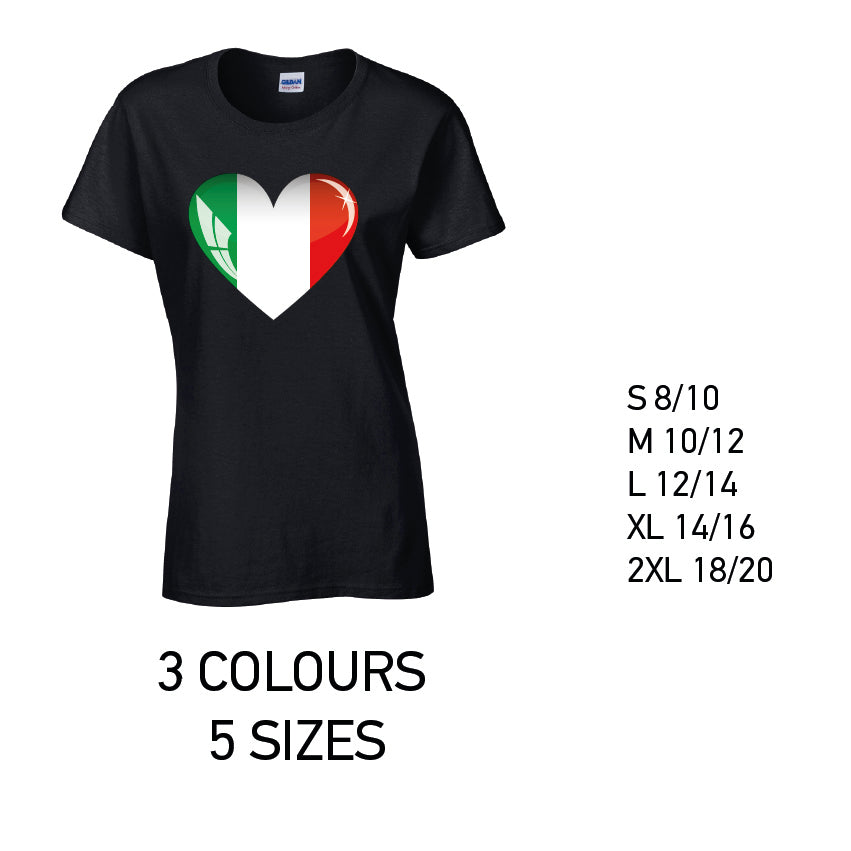 LT09 Italy Heart Ladies Cotton T-Shirt 5 sizes 3 Colours Available Latex printed