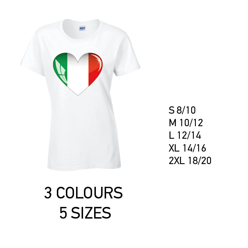 LT09 Italy Heart Ladies Cotton T-Shirt 5 sizes 3 Colours Available Latex printed
